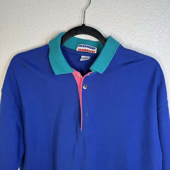 Vintage American Cottons Mens Polo Shirt XL Blue/Green Collar 100% Cotton USA Ma - Picture 2 of 4
